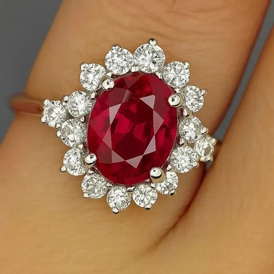 6.50Ct Oval Cut Natural Red Ruby & Diamond Solid  14K White Gold luxury Ring