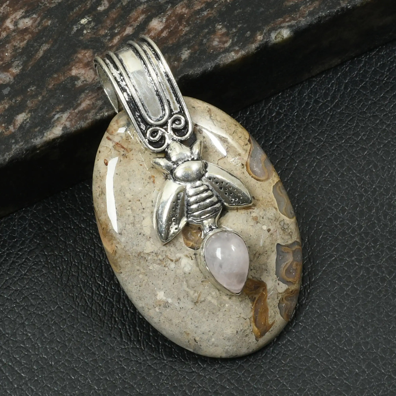 Coffee Bean Jasper Rose Quartz Gemstone Insects Pendant Jewelry 2.2