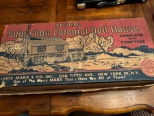 Vintage Marx Metal Suburban Colonial Doll House -In Original Box, With Furniture