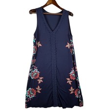 Womens L Vibrant Floral Lace Sleeveless Shift Dress Navy Boho Casual Briggs