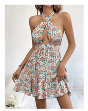 SHEIN Pink Floral Halter Tie Back Smocked Fit & Flare Short Dress XS Viscose