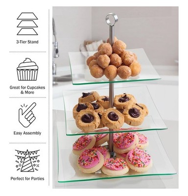 Home Dess Chef Buddy Three Tier Square Glass Buffet and Dessert Stand, 1 Pack