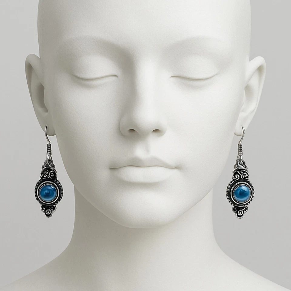 Orecchini in ottone stile vintage pietra rossa intarsiata finitura argento... - Immagine 2 di 4