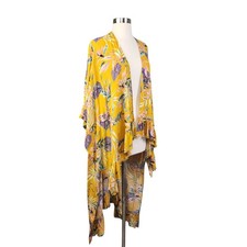 Umgee Womens Kimono Duster Size S/M Yellow Floral Fringe Hem Hi Low Asymmetrical