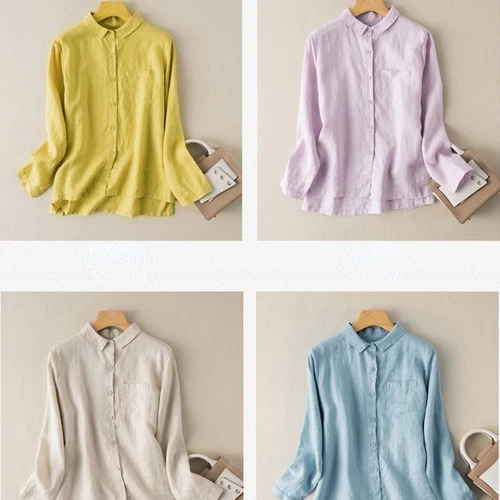 Camicia donna stile vintage cotone lino blusa top bottoni elegante casual tinta unita - Foto 3 di 24