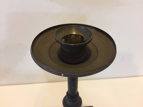 Rare Antique Brass Candlestick Holder w/Wooden Base, 10" Tall, 4 1/2" x 4 1/2" - Picture 2 of 6