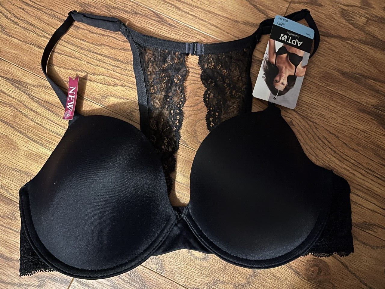 New! Pretty Women Apt. 9 Natural Demi Underwire Black Bra, Size 36 D 36D