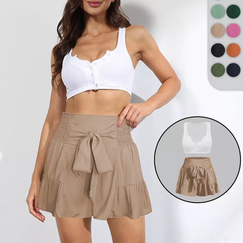 Femme Shirred Jambe Large Short Noeud Cravate Ruche Haut Taille