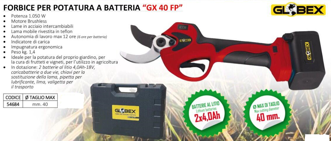 FORBICE PER POTATURA GX-40-FP CON 2 BATTERIE A LITIO 18V-4AH TAGLIO MAX MM. 40