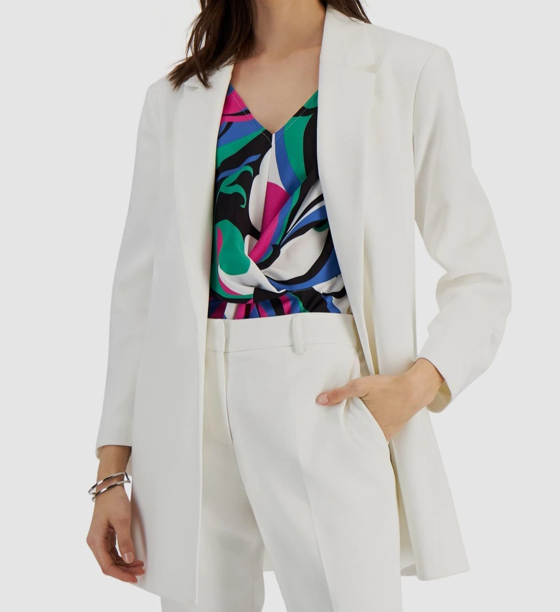Ruched sleeve white blazer top