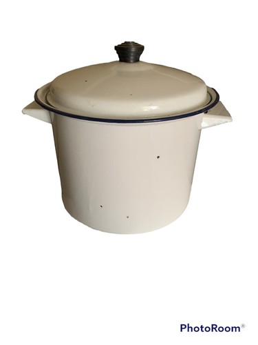 Vintage White & Blue Handle Enamelware Pot Pan Enamel Ware Lid - Picture 2 of 7