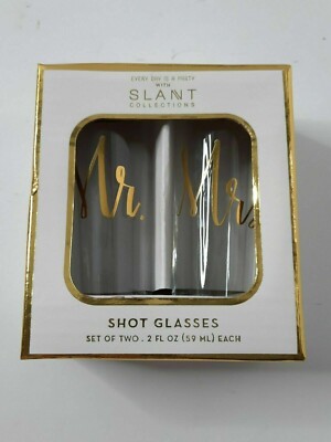 Wedding Marriage Mr and Mrs Shot Glasses Gold Lettering Slant Collections Drinks