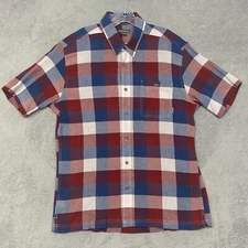 Eddie Bauer Shirt Mens Large Blue Red White Plaid Button Cotton USA July Casual