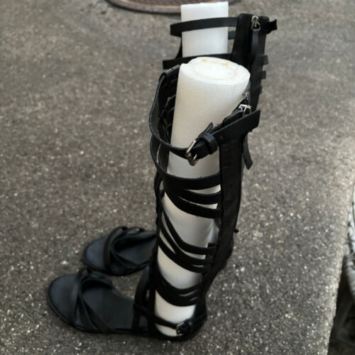 Zara Black Leather Gladiator Flat Knee Length Boots Sandals Size 7.5 US 38 EU - Picture 4 of 10