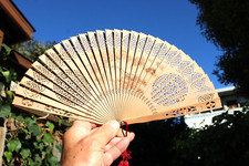 Vintage Wooden Hand Held Chinese Carved Folding Fan W/ Original Glass Lid Box