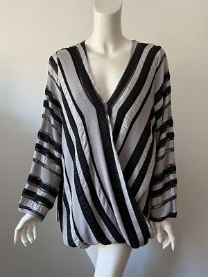Alfani Black Light Gray Stripe Low V Neck Faux Wrap Rayon Polyester Blouse 3X