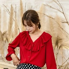 Donna Balza Volant Camicetta Camicia V Collo Manica Lunga Top Stile Retro