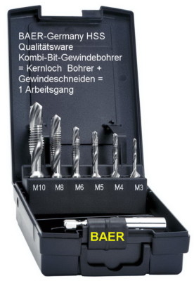 Kombi-Gewindebohrer BAER Set 1/4'' Bit Gewindebohrer M3 - M10 Handbohrmaschinen