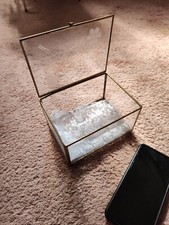 Vintage Brass / Etched Glass Jewelry Trinket Curio Box Floral Design 7x5x4 Size