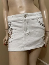 Women  s White Denim Cotton Casual Stretch Slim Beaded Mini Zipper Size M Skirt