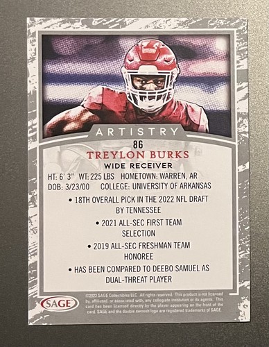 Treylon Burks Sage 2022 Silver Artistry Insert Rookie Card - Picture 2 of 2