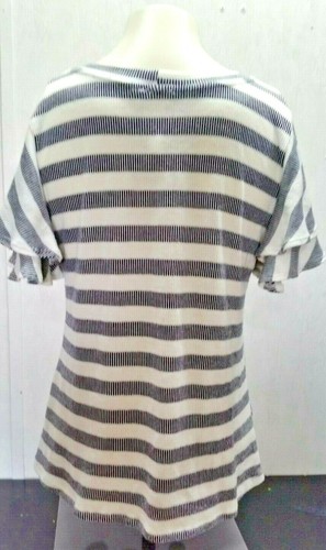 Womens Blu Pepper Striped Ruffle Short Sleeve Tunic Shirt M Boho black top - Picture 4 of 5