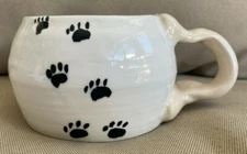 Handmade Ceramic Coffee Mug White Black Puppy Dog Paw Prints Heavy Bone Handle