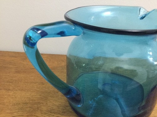Blue Hand Blown Glass Heavy Pitcher Attached Handle - Picture 3 of 5