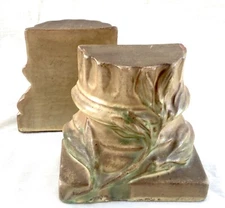Pair Antique Peters & Reed Pottery Berry Leaf on Column Design Bookends, 1910