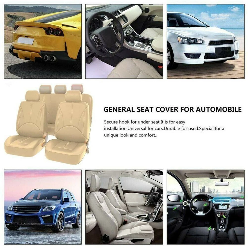 For Toyota Car Seat Cover Full Set PU Leather 5-Seats Front&Rear Protector Beige - Image 4 of 4
