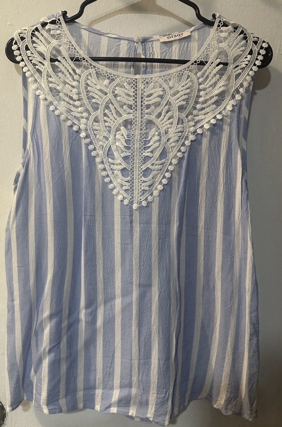 Orsay Blue White Striped Lace Yoke Button Sleeveless Round Neck Blouse Women's