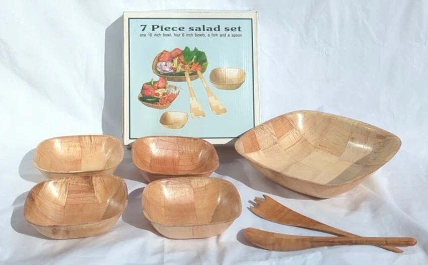 Juego de ensaladas 7 piezas cuadradas tazón para servir 4 tazones individuales tenedor cuchara nuevo en caja Foto 2 de 4