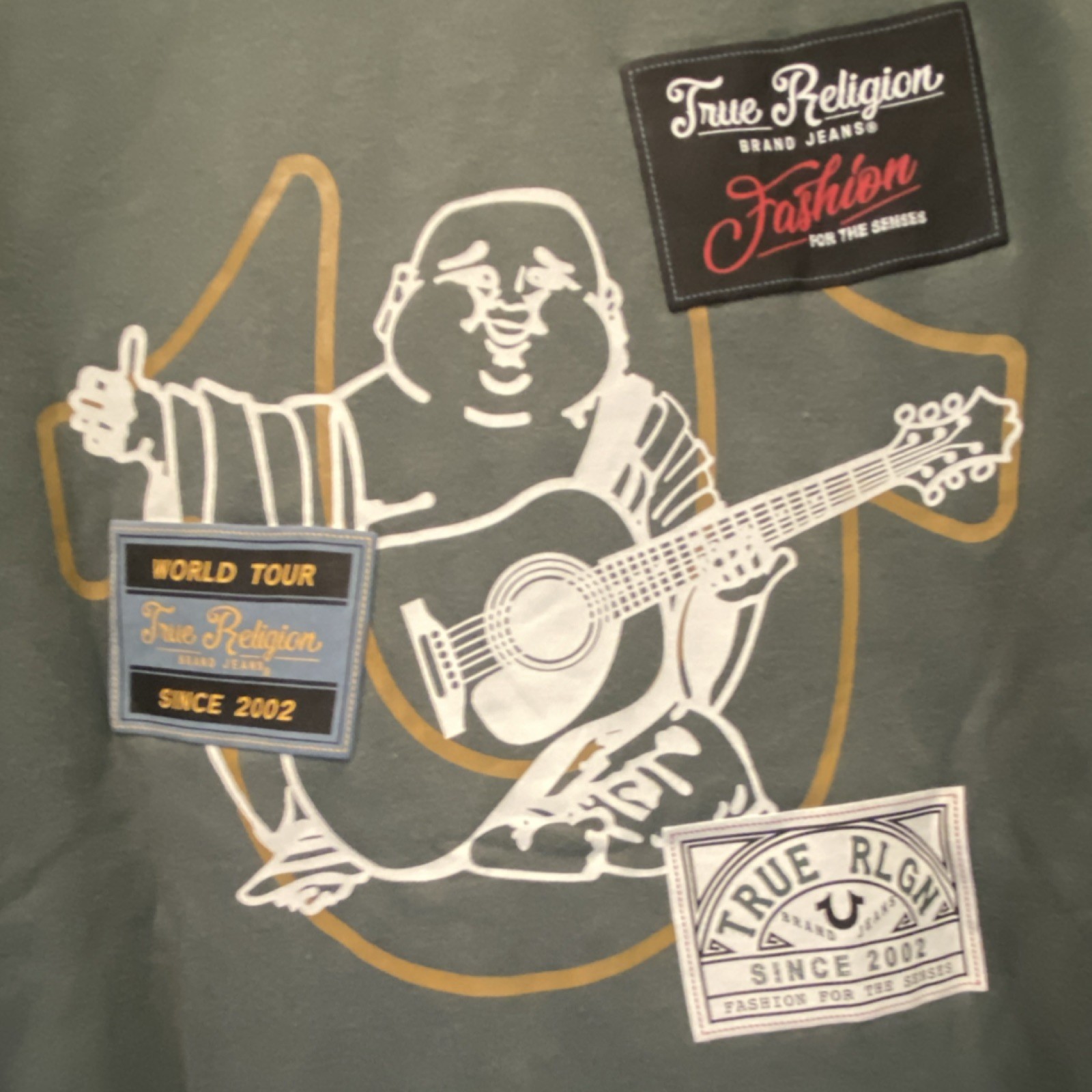 Men’s True Religion Collared Fleece Patch Varsity Jacket Green and Black sz L thumbnail 6