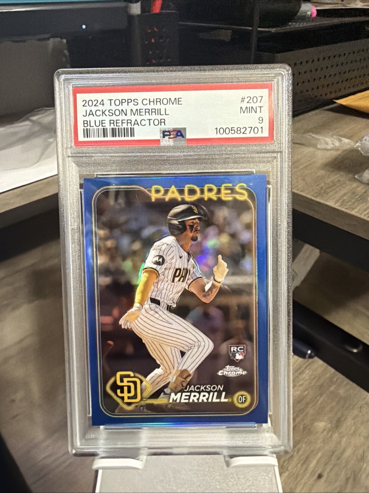 Jackson Merrill 2024 Topps Chrome #207 RC Rookie True Blue /150 Padres PSA 9