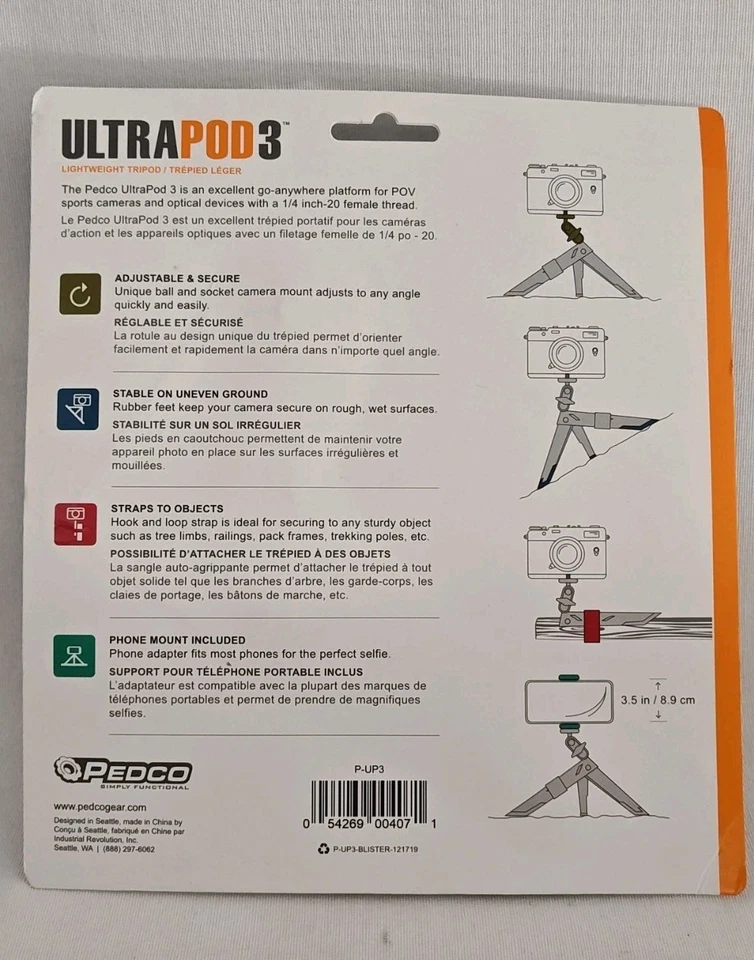 Pedco UltraPod 3 Lightweight Tripod Versatile Camera Mount w/Adjustable Legs NEW - Image 2 of 4
