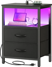  2 Drawers End Table Bedside Nightstand Cabinet w/ Charger Station & LED Lights