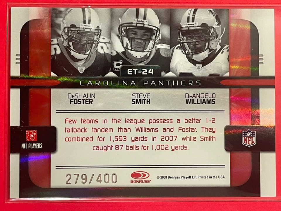2008 Donruss Elite DeAngelo Williams/Steve Smith/DeShaun Foster Red /400 #ET-24 - Image 2 of 3