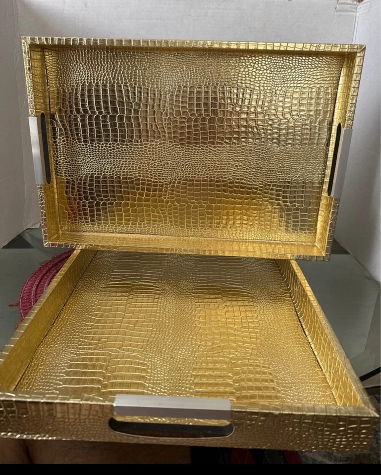 American Atelier Alligator Faux Leather Decorative Serving Tray X2 - Image 3 of 4