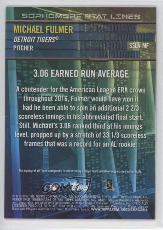 2017 Topps Chrome Sophomore Stat Lines Auto /99 Michael Fulmer #SSLA-MF Auto - Image 2 of 2