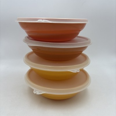 Vintage Set Of 4 Tupperware #155 Cereal Bowls 6'' W/ Sheer #227 Lids Fall Colors