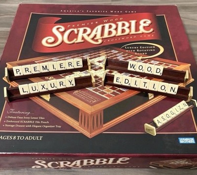 SCRABBLE: Premier Wood Luxury Edition COMPLETE! w/ Turntable, Ivory Tiles, Racks