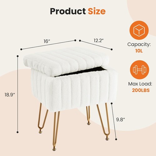 Vanity Stool Chair Storage Ottoman Faux Fur Soft Padded Makeup Footstools Seat - Picture 3 of 18