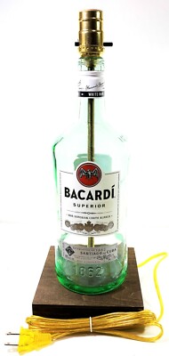 Large 1.75L Bacardi Rum Liquor Bar Bottle Lounge TABLE LAMP Light w/ Wood Base