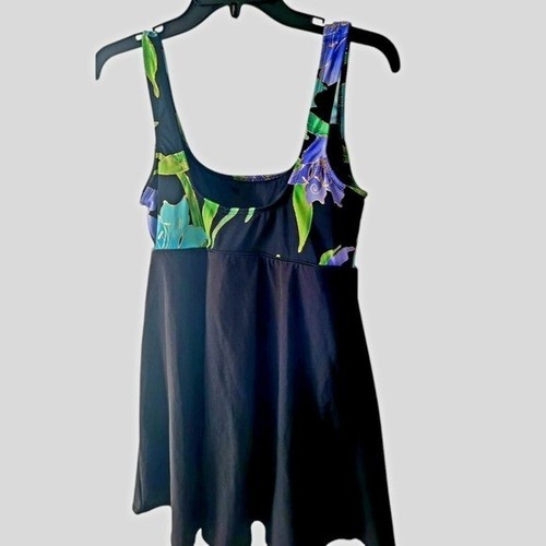 Robby Len Longitude Floral Print and Solid Black Swim Dress Size 12 New - Picture 2 of 6