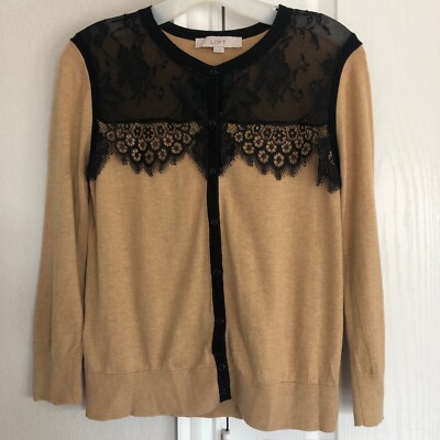 LOFT Black Lace Cardigan Whimsigoth M Camel Sweater Romantic Boho Cotton