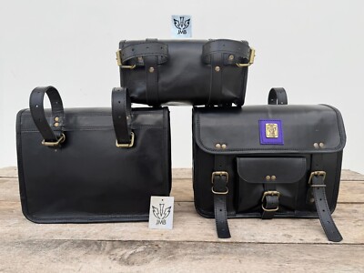 Handmade Leather Motorcycle Saddlebags – Black, 3-Piece Set, 5L & 1.8L Panniers, Side Tool Bags, Made In India
