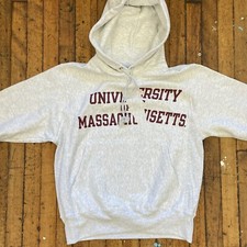 UMASS Small Gray Champion Reverse Weave Hood Pullover Sweatshirt NEW W/ DEFECTS