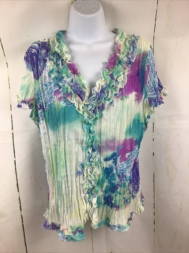 New Direction Petite Multi Color Crinkle Ruffle W/Embellishments Top Sz. PXL
