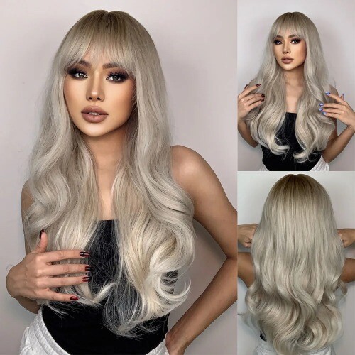 Brown White Ash Gray Blonde Ombre Synthetic WigsBlack Women Afro Long Wavy Wig - Imagen 38 de 54