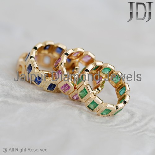 Solid 14k Yellow Gold Band Ring Natural Emerald Gemstone Eternity Ring Jewelry - Picture 20 of 24